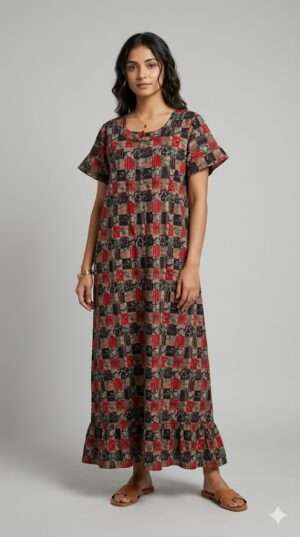 Women's Pure Cotton Ajrakh Print Nighty – Breathable Maxi Nightgown with Ruffled Hem Size-L