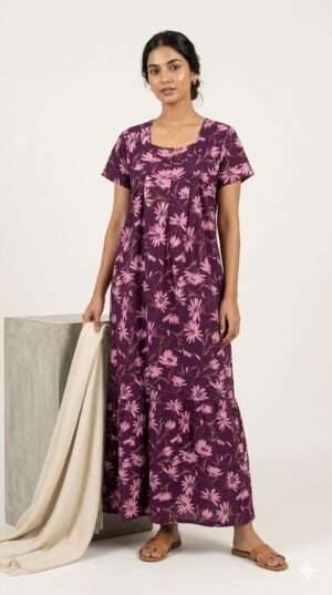 Elegant Purple Floral Cotton Nighty – Comfortable Women’s Maxi Nightdress Size-XL