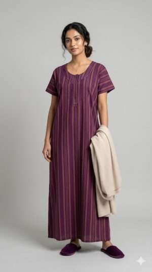 Premium Cotton Striped Nighty – Elegant Purple Full-Length Maxi Nightgown Size-XL