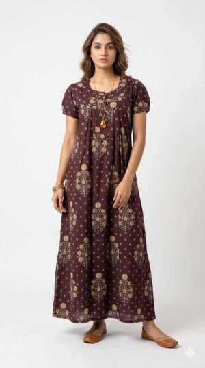 Premium Maroon Floral Print Cotton Nighty – Comfortable Maxi Nightdress for Women Size-L