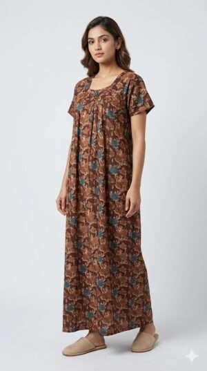 Premium Cotton Floral Print Maxi Nighty – Earthy Brown & Teal Loungewear Size-XL
