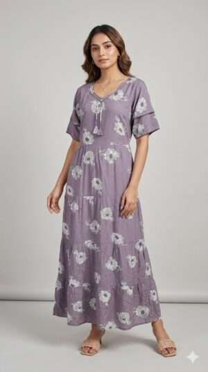 Mauve Floral Printed Tiered Maxi Nighty – Soft Cotton Loungewear Dress with Tassel Detail Size-XXL