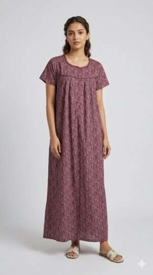 Premium Cotton Floral Print Maxi Nighty – Elegant Round Neck Short Sleeve Sleepwear for Women Size-M
