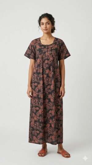 Premium Floral Print Cotton Nighty – Elegant Brown & Black Maxi Nightdress with Front Buttons Size-XXL