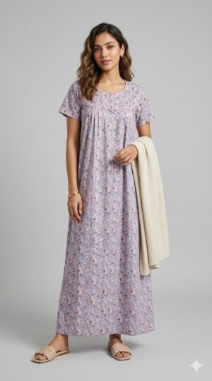 Premium Lavender Floral Cotton Maxi Nighty – Breathable Pleated Yoke Loungewear for Women Size-L