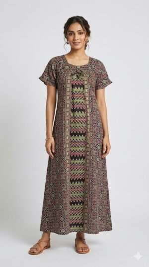 Women's Ethnic Printed Cotton Maxi Nighty - Traditional Ikat & Geometric Pattern Nightdress Size-L