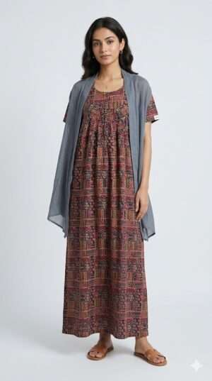 Premium Cotton Ajrakh Print Nighty with Grey Shrug - Ethnic Long Maxi Nightwear Size-XL
