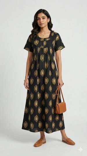 Elegant Black & Gold Ethnic Printed Cotton Nighty – Comfortable Women's Maxi Loungewear Size-L
