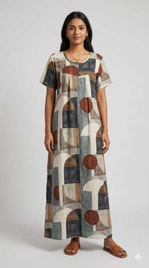 Women’s Abstract Geometric Print Cotton Maxi Nighty – Earthy Slate & Terracotta Size-L