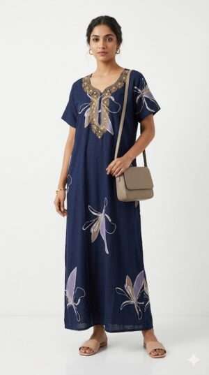 Elegant Navy Blue Embroidered Floral Cotton Nighty – Full-Length Maxi Nightdress Size-XXL