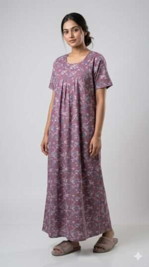 Women’s Floral Print Cotton Nighty – Dusty Purple Pleated Neck Loungewear Size-XXL