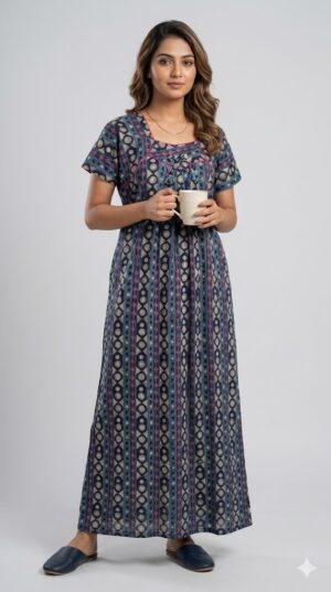 Premium Cotton Geometric Print Maxi Nighty – Navy Blue & Pink Square Neck Nightdress Size-XL