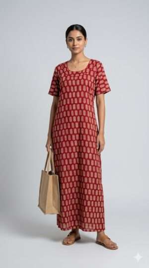 Premium Maroon Cotton Leaf Print Nighty – Elegant Ankle-Length Maxi Nightdress Size-XXL
