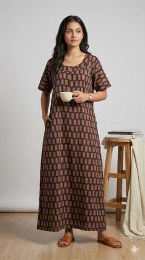 Women’s Earthy Brown Geometric Print Cotton Maxi Nighty | Breathable Loungewear with Pockets Size-XL