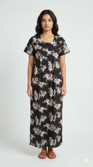 Elegant Black Floral Print Cotton Nighty – Short Sleeve Maxi Sleepwear for Women Size-L