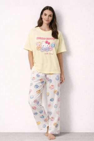 Hello Kitty Women's Printed Cotton Nightsuit Set - Yellow & White Loungewear (2-Piece)
