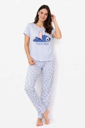 Women’s Disney Stitch "Time to Chill" Night Suit – Light Blue Polka Dot Pajama Set
