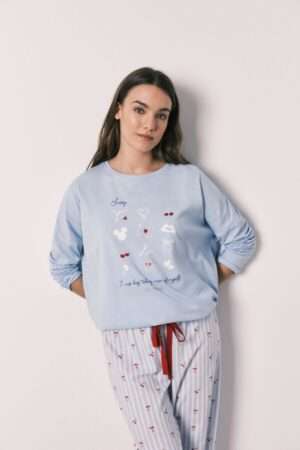 Premium Women’s Light Blue Cherry Print Nightsuit Set – Long Sleeve Graphic Top & Striped Pajamas