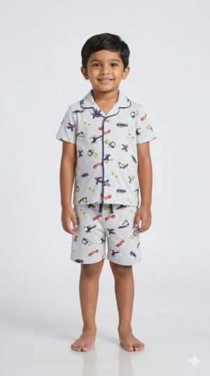 Boys' Grey Vehicle Print Notched Collar Pajama Set – Short Sleeve Shirt & Shorts