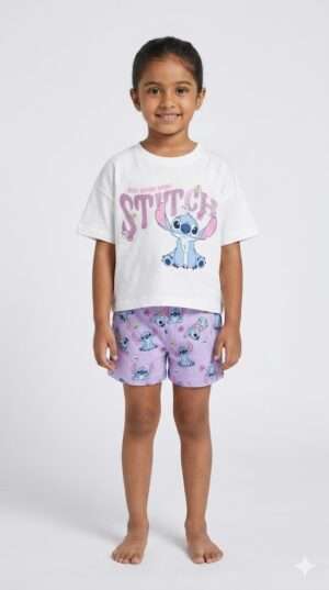 Disney Stitch Girls' Graphic T-Shirt and Printed Shorts Set – Lavender & White Summer Loungewear
