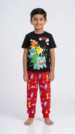 Boys Pokémon & Bluey 2-Piece Cotton Set – Black Character T-Shirt and Red Jogger Trousers