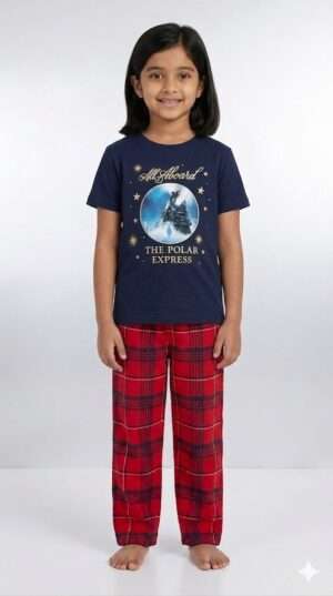 Girls' The Polar Express™ Christmas Pajama Set – Navy Blue Graphic T-Shirt & Red Plaid Trousers