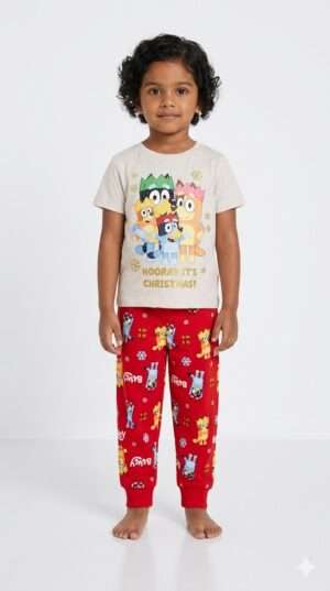 Bluey Girls' Christmas Pajama Set – Festive "Hooray It's Christmas" T-Shirt & Red Joggers